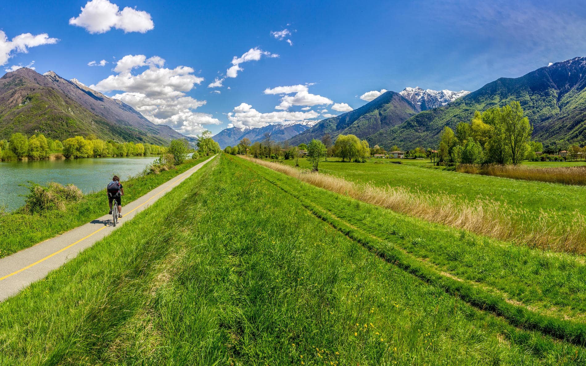 Cyclists on the Sentiero Valtellina beside the River Adda